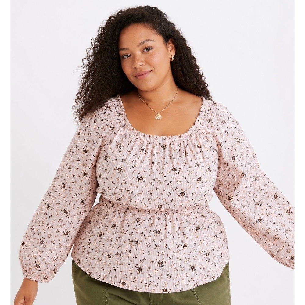 Madewell‎ Sophia Top Bouquet Floral Pink Smocked Cotton Peasant Blouse Plus 2X